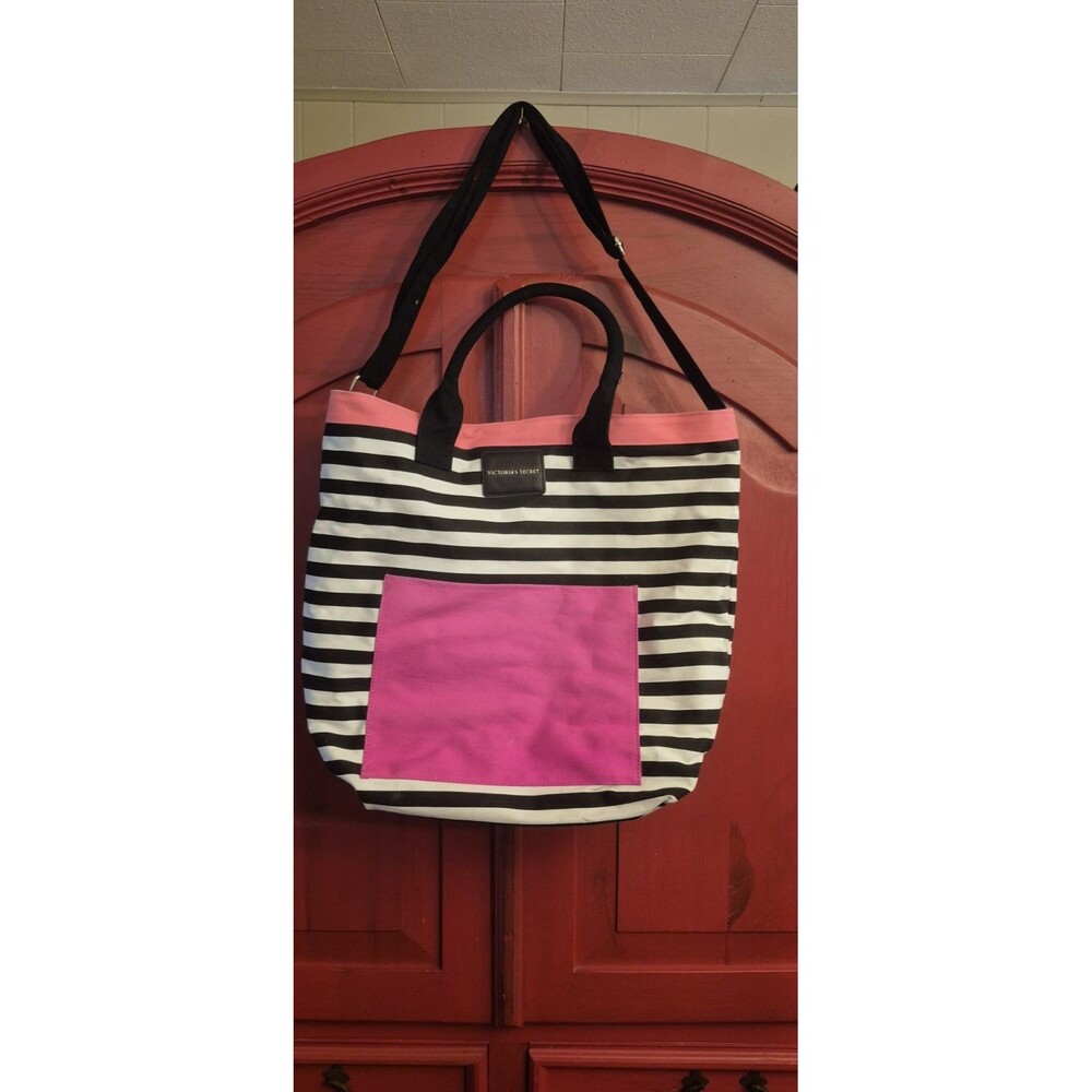 Victoria’s Secret Island Tote  Pink Black Striped Gym Travel Bag 16x20x6 EUC